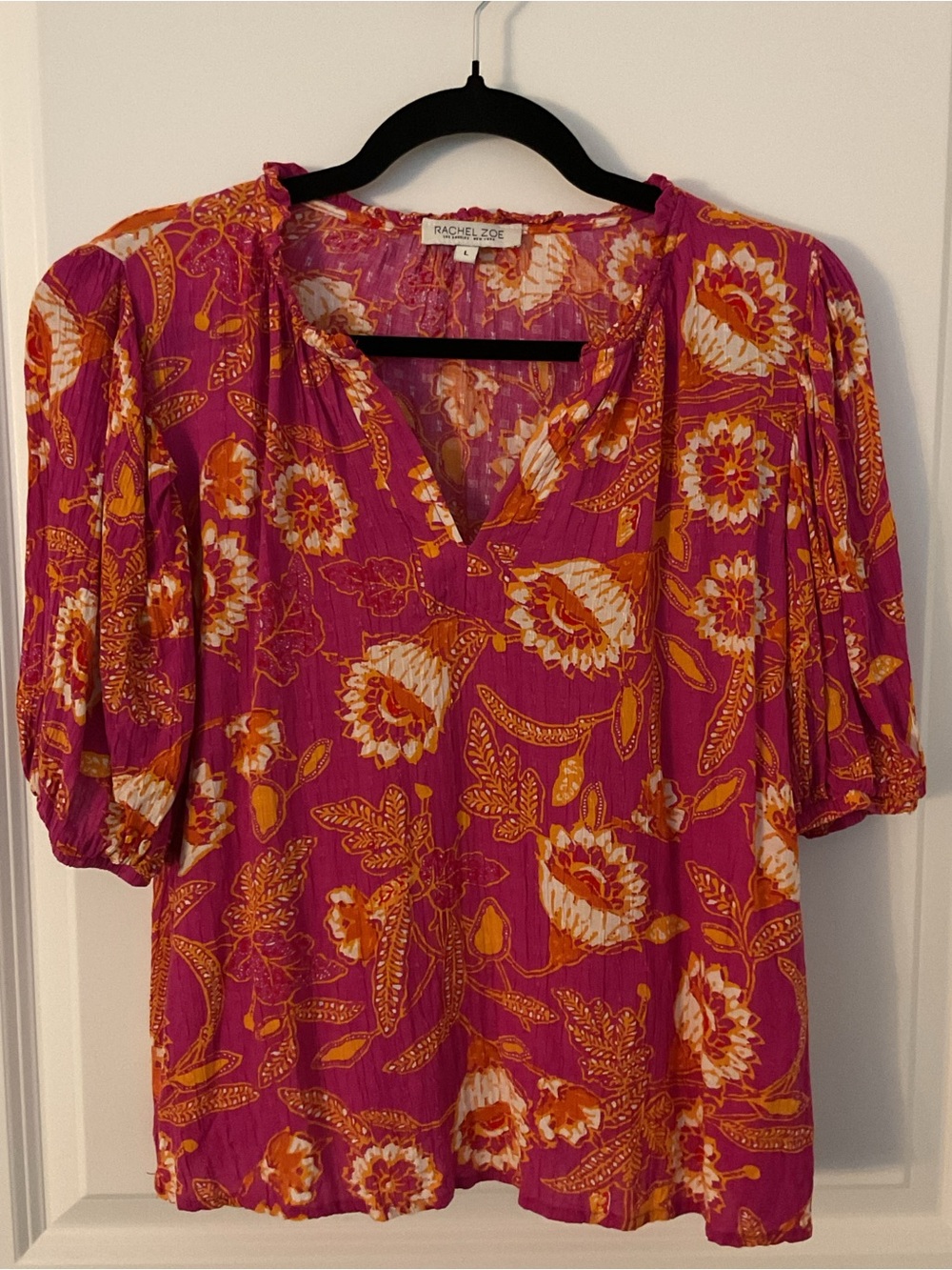 Rachel Zoe Magenta Floral V-Neck Puff Sleeve Blouse